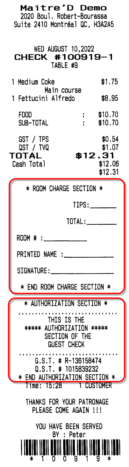 Check - With Room Charge and Authorization