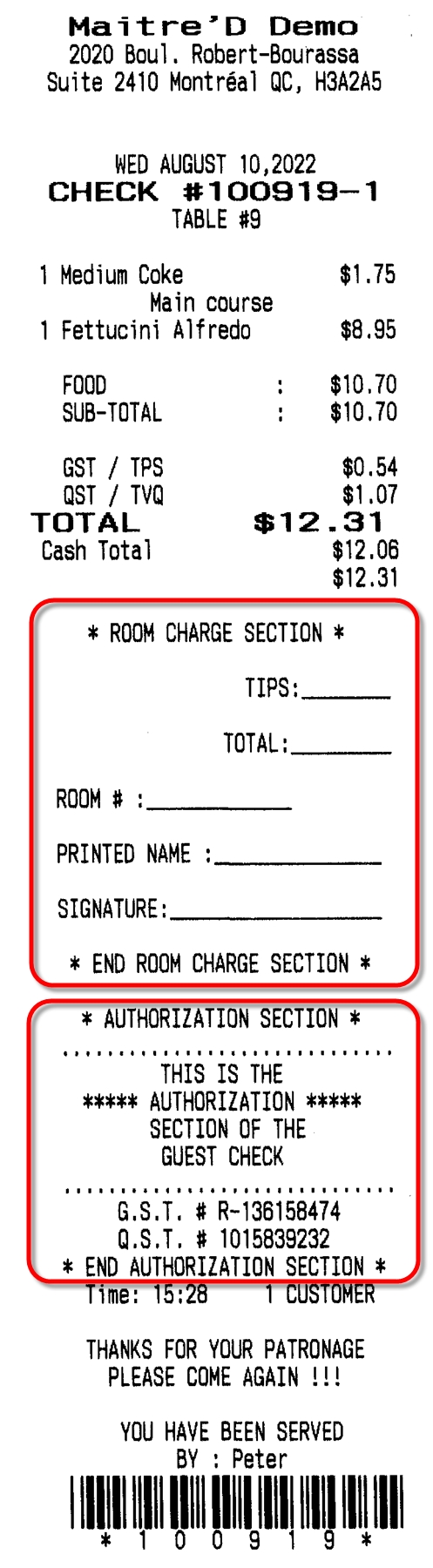 Check - With Room Charge and Authorization