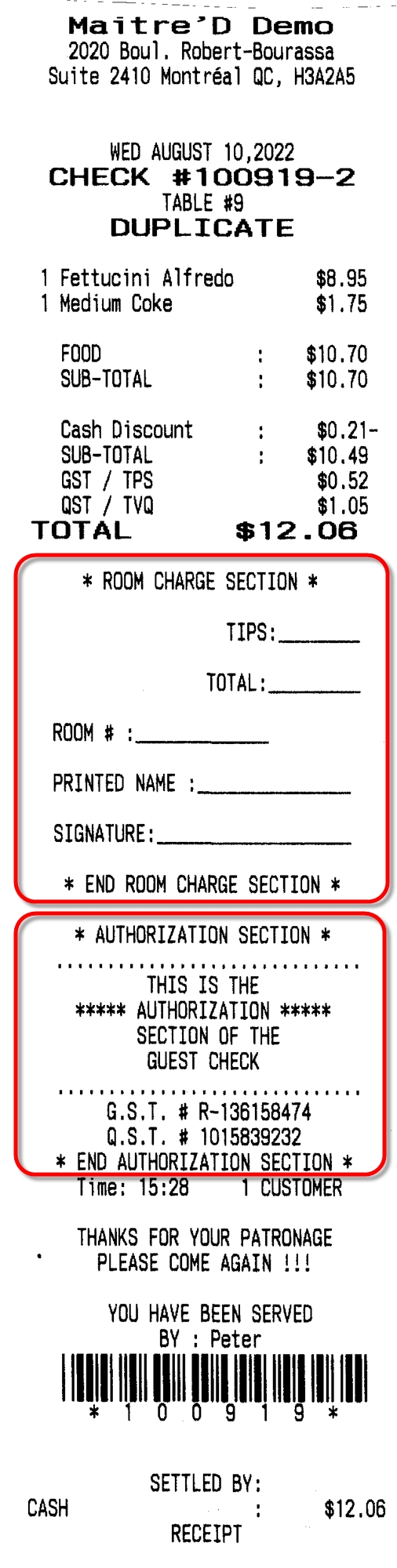Receipt - With Room Charge and Authorization