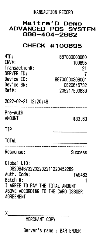 Transaction Record - Merchant Copy (BLANK)