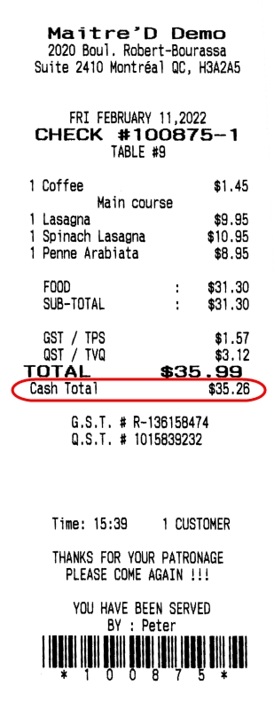 Guest Check with Cash Total